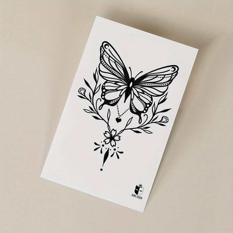 Large Floral Butterfly Flower Line Drawing Temporary Tattoo