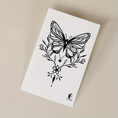 Large Floral Butterfly Flower Line Drawing Temporary Tattoo