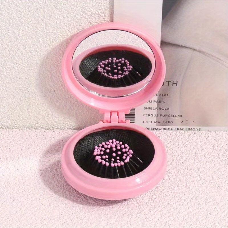 Round Folding Hair Brush With Mirror Mini Compact Massage Comb