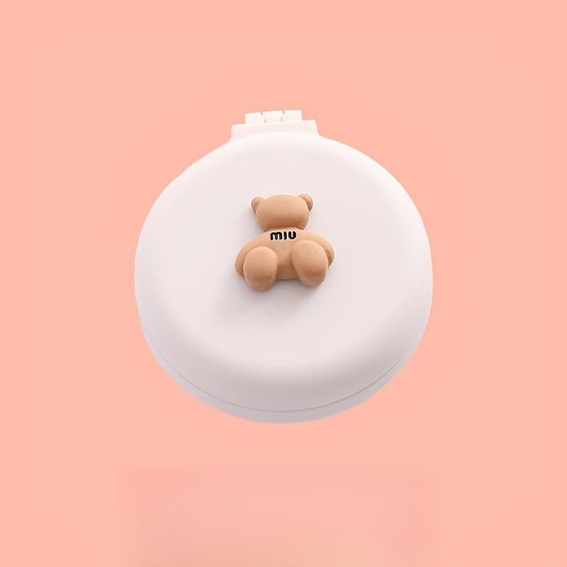 Cartoon Bear Decor Hairbrush Mirror Round Portable Comb