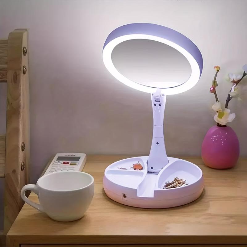 LED Makeup Mirror Organizer Foldable w/ 1X & 10X Magnifying
