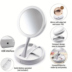 LED Makeup Mirror Organizer Foldable w/ 1X & 10X Magnifying