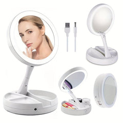 LED Makeup Mirror Organizer Foldable w/ 1X & 10X Magnifying