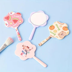 2pcs Cartoon Print Hand Mirror Floral Makeup Vanity Mirror for Girls Women Gift