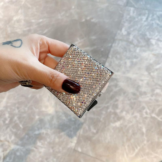 Rhinestone Decor Makeup Mirror Double Side Folding Square Mini Vanity Mirror