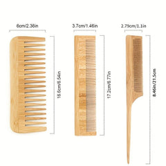 3 Pcs Bamboo Hair Comb Set Wide Fine Tooth Brushes Detangling Styling Heat Resis
