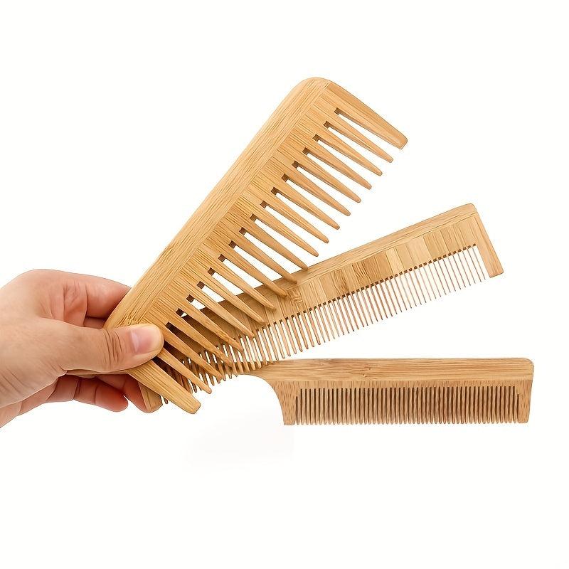 3 Pcs Bamboo Hair Comb Set Wide Fine Tooth Brushes Detangling Styling Heat Resis