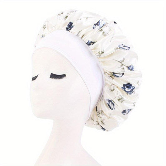 Rose Print Satin Sleeping Cap Wide Band Bonnet Hair Wrap Turban