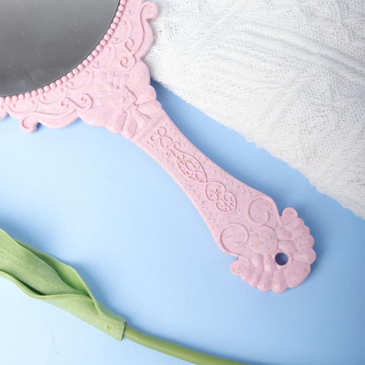Vintage Floral Pattern Hand Mirror HD Pink Makeup Mirror With Handle
