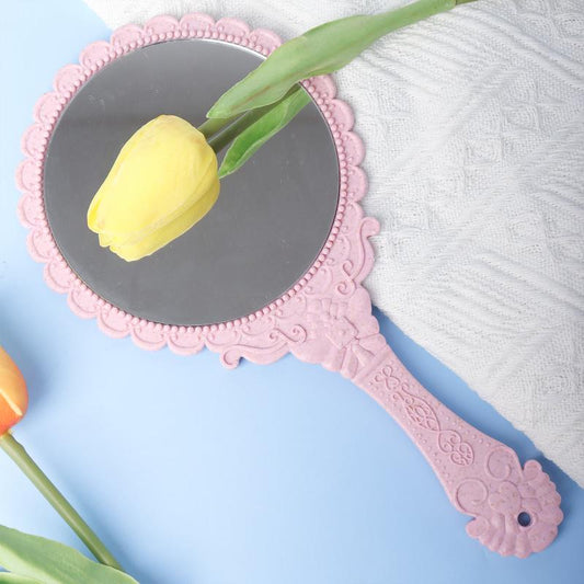 Vintage Floral Pattern Hand Mirror HD Pink Makeup Mirror With Handle