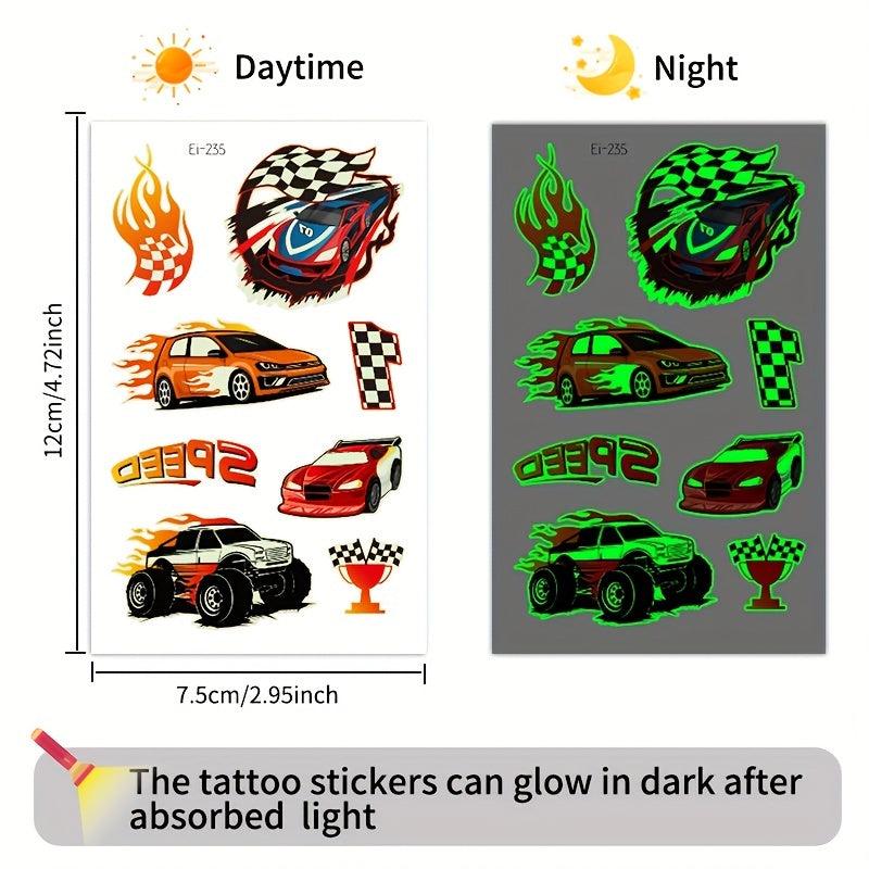 12 Sheets Glow In The Dark Race Car Temporary Tattoos