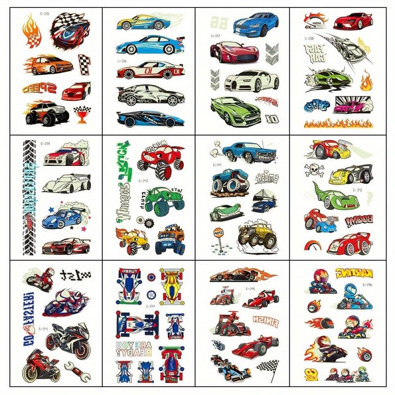 12 Sheets Glow In The Dark Race Car Temporary Tattoos