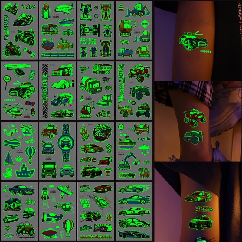 12 Sheets Glow In The Dark Race Car Temporary Tattoos
