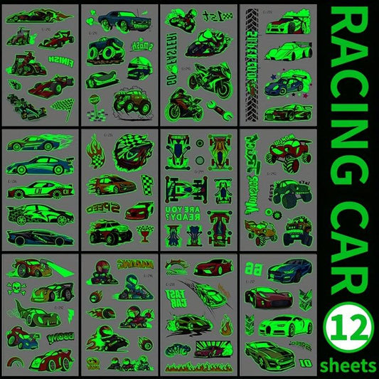 12 Sheets Glow In The Dark Race Car Temporary Tattoos