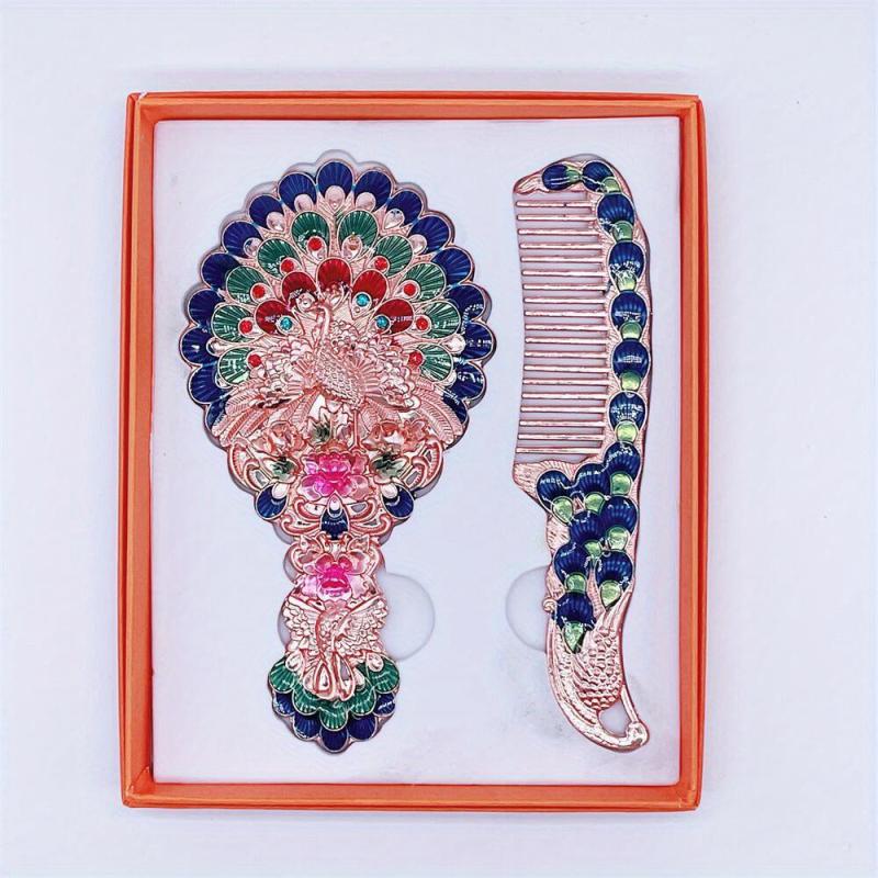 Vintage Peacock Embossed Makeup Mirror & Hair Comb Set