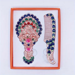 Vintage Peacock Embossed Makeup Mirror & Hair Comb Set
