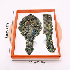Vintage Peacock Embossed Makeup Mirror & Hair Comb Set