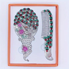 Vintage Peacock Embossed Makeup Mirror & Hair Comb Set