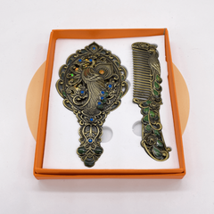 Vintage Peacock Embossed Makeup Mirror & Hair Comb Set