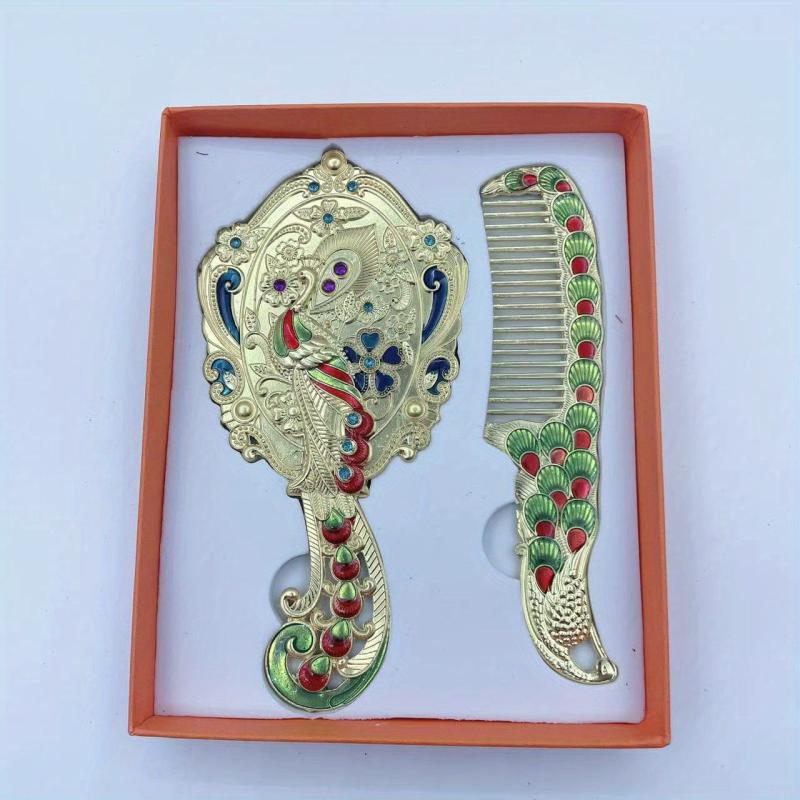 Vintage Peacock Embossed Makeup Mirror & Hair Comb Set