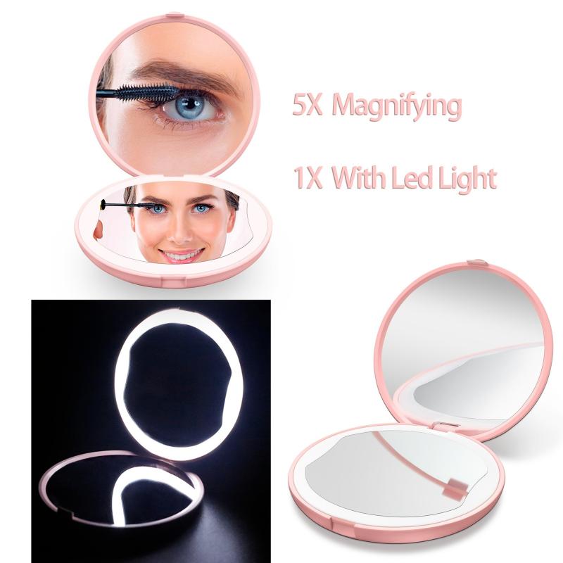 Portable Makeup Mirror with Lights Handheld Foldable Double Sided 1x 5x Mag