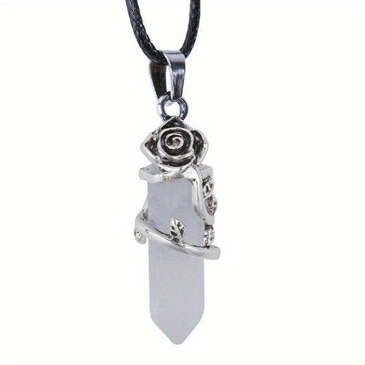 Flower Wrapped Crystal Point Pendant Necklace for Reiki Healing