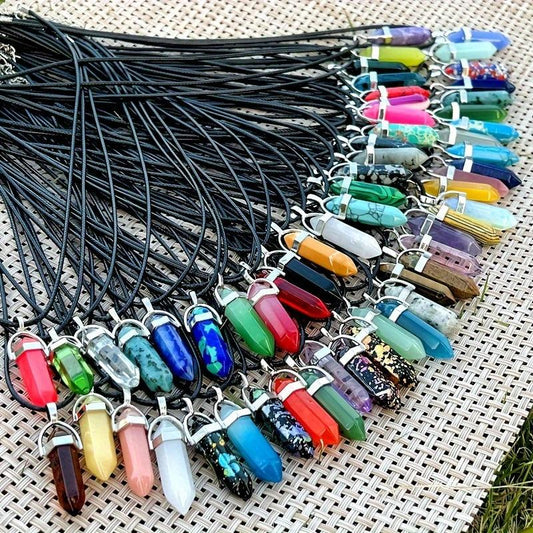 Chakra Pendant Leather Necklace Set Crystal Pointed Gemstone Necklace