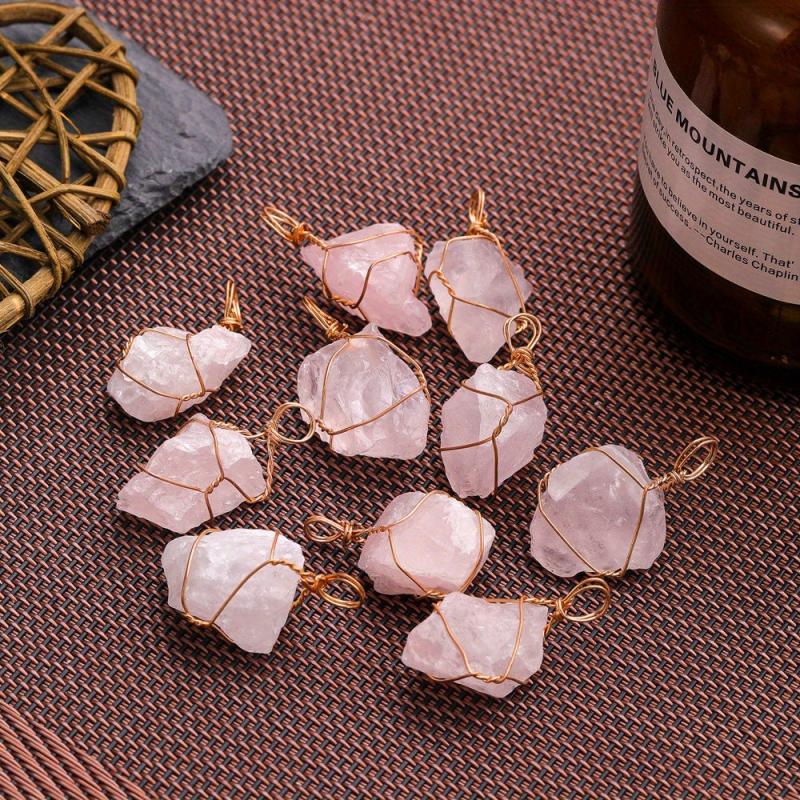 Natural Pink Crystal Raw Stone Necklace Pendant European