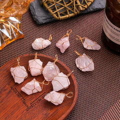 Natural Pink Crystal Raw Stone Necklace Pendant European