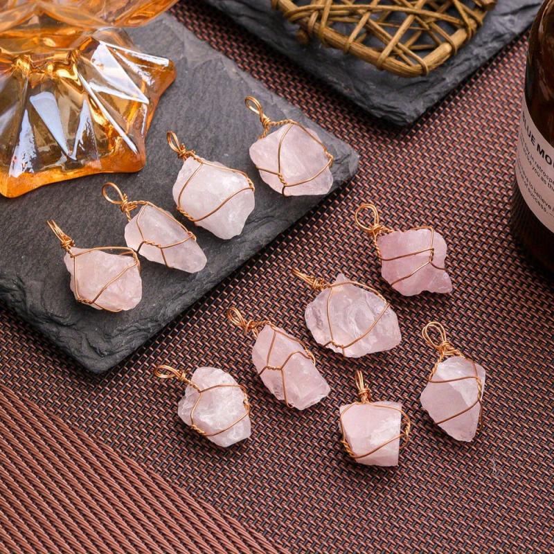 Natural Pink Crystal Raw Stone Necklace Pendant European