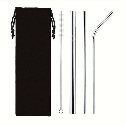 4pcs Stainless Steel Straw Cloth Bag Portable Titanium Plating Travel Set