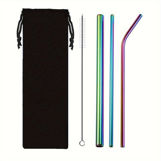 4pcs Stainless Steel Straw Cloth Bag Portable Titanium Plating Travel Set