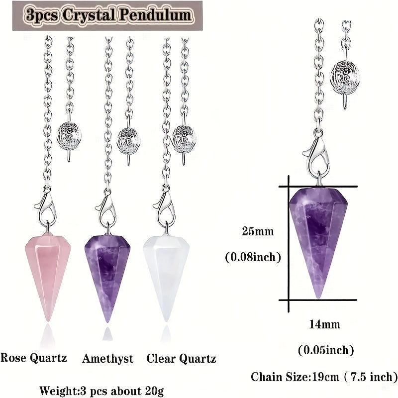 3pcs Crystal Pendulums Set Dowsing Natural Amethyst Rose Quartz