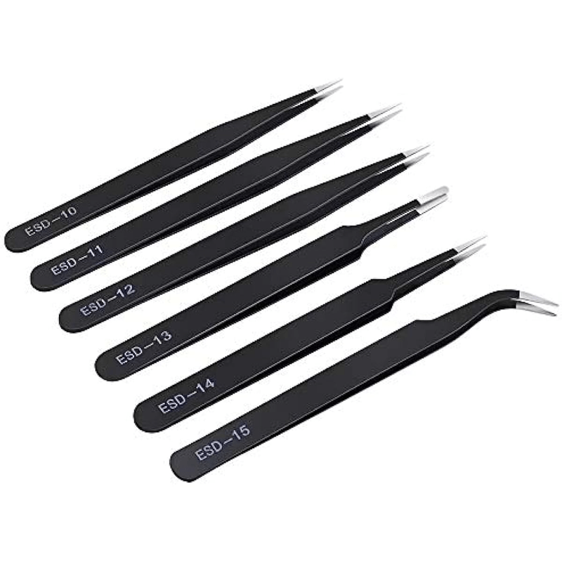 6pcs Precision Tweezers Set Anti Static Stainless Steel Curved