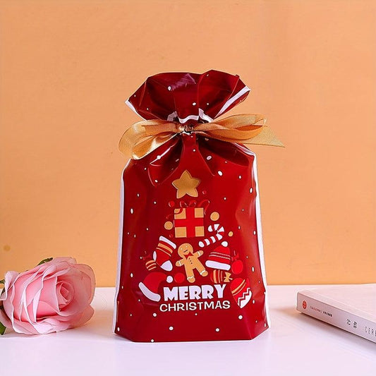 10pcs Christmas Gift Bags Ribbon Drawstring Gingerbread Man Printed Goodie Bags