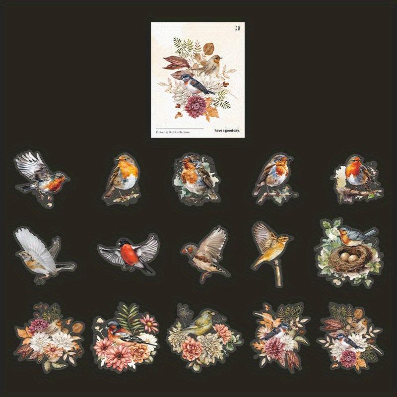 30sheets Retro Plant Flower Bird PET Stickers DIY Collage Decoration Scrapbook