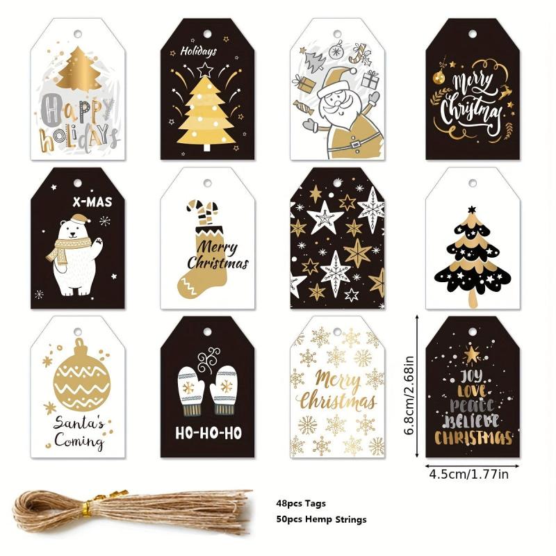 48pcs Merry Christmas Gift Tags With 50pcs Strings Xmas Tree Hanging Labels
