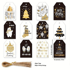 48pcs Merry Christmas Gift Tags With 50pcs Strings Xmas Tree Hanging Labels