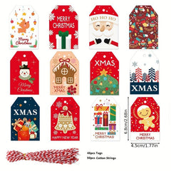 48pcs Merry Christmas Gift Tags With 50pcs Strings Xmas Tree Hanging Labels