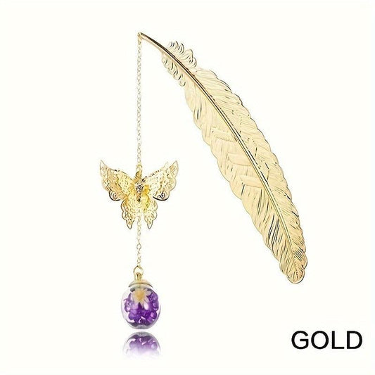 Vintage Feather Butterfly Bookmark Pendant Brass Book Mark Stationery