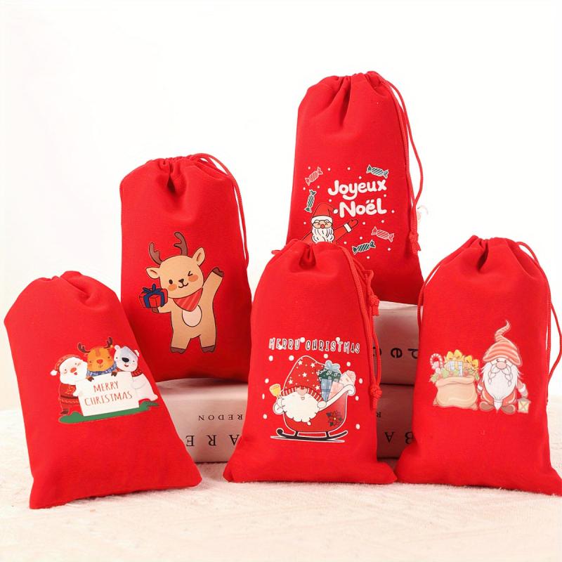 5pcs Red Flannelette Christmas Gift Bag Snowman Santa Claus Gift Packaging Bag
