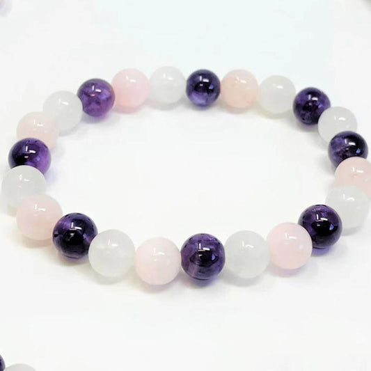 Crystal Bracelet Amethyst Clear Quartz Rose Quartz Combo Round Crystals Stretch