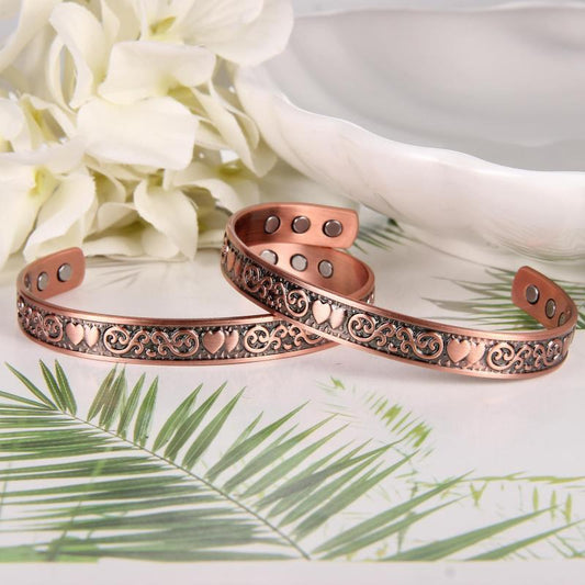 Copper Bracelet Double Heart Magnetic Cuff Bangle 6 Magnets 3500 Gauss