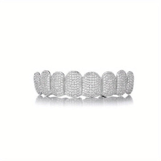 18k Plated Teeth Grillz Iced Out Top & Bottom - Hip Hop Rapper Jewelry