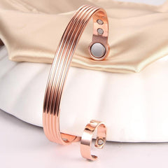 Lymph Detox Ring & Copper Bracelet Magnetic Set Women Rose Golden