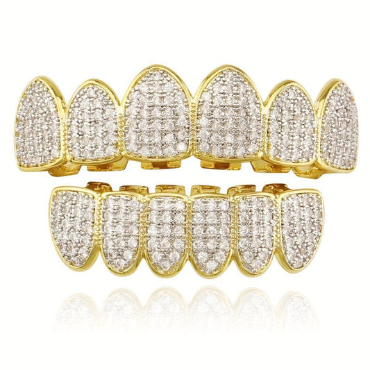 Bling Iced Out CZ Teeth Grillz Set Top&Bottom Golden Silvery Teeth Barbecue Hat