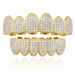 Bling Iced Out CZ Teeth Grillz Set Top&Bottom Golden Silvery Teeth Barbecue Hat