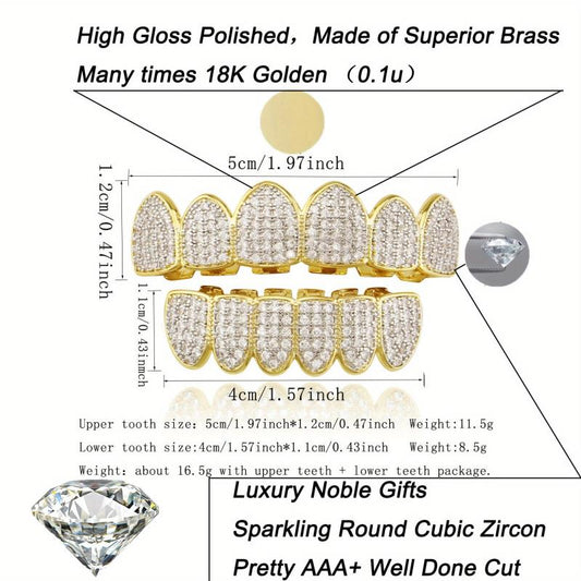 Bling Iced Out CZ Teeth Grillz Set Top&Bottom Golden Silvery Teeth Barbecue Hat