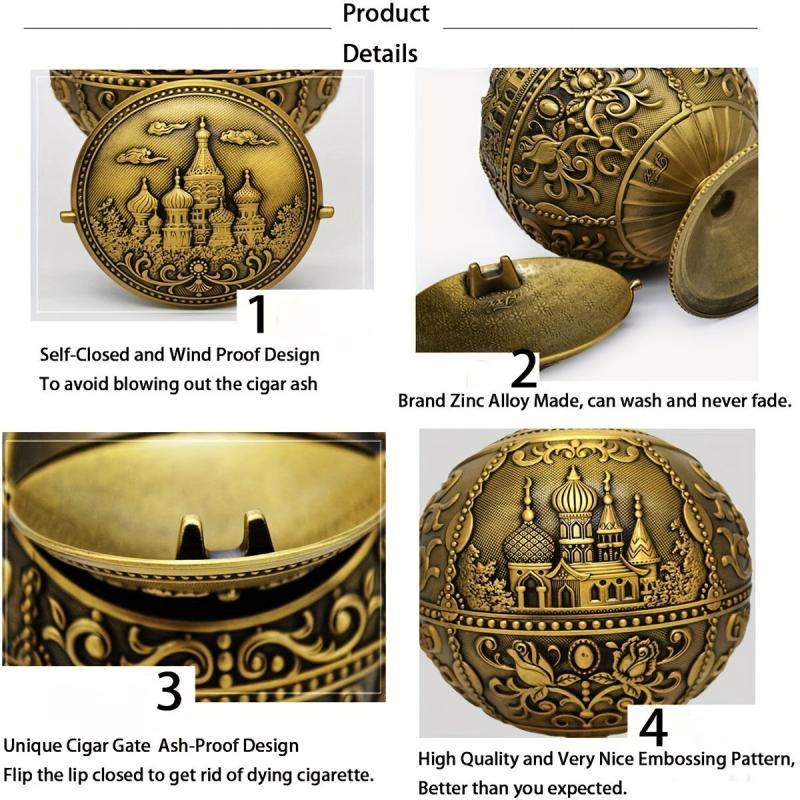 Castle Bronze Vintage Windproof Ashtray Desktop Portable Ashtray with Lid