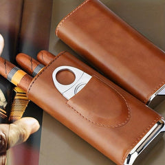 High 3 Finger Humidor Cigar Box Brown Leather Case w/ Cutter